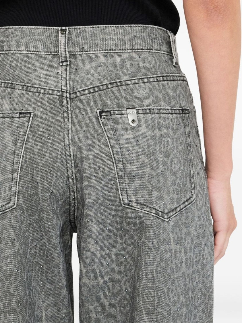 Liu Jo Wide-Leg Gray Trousers With Subtle Leopard Print