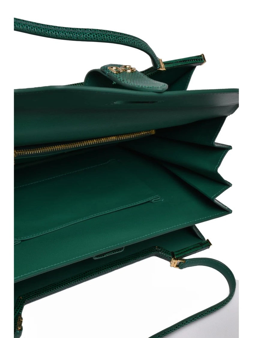 Dolce & Gabbana Textured Green Leather Printed Handbag With Flap Closure