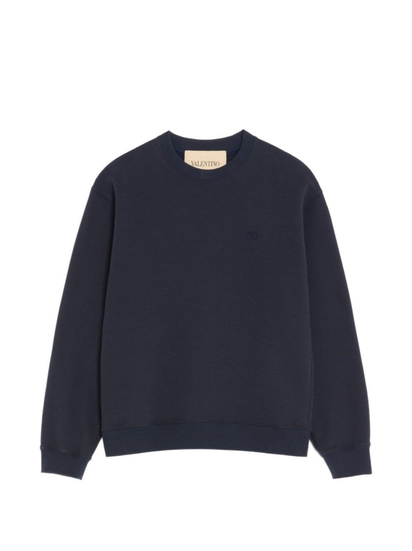 Valentino Garavani Black Crewneck Embroidered Ribbed Details Sweatshirt