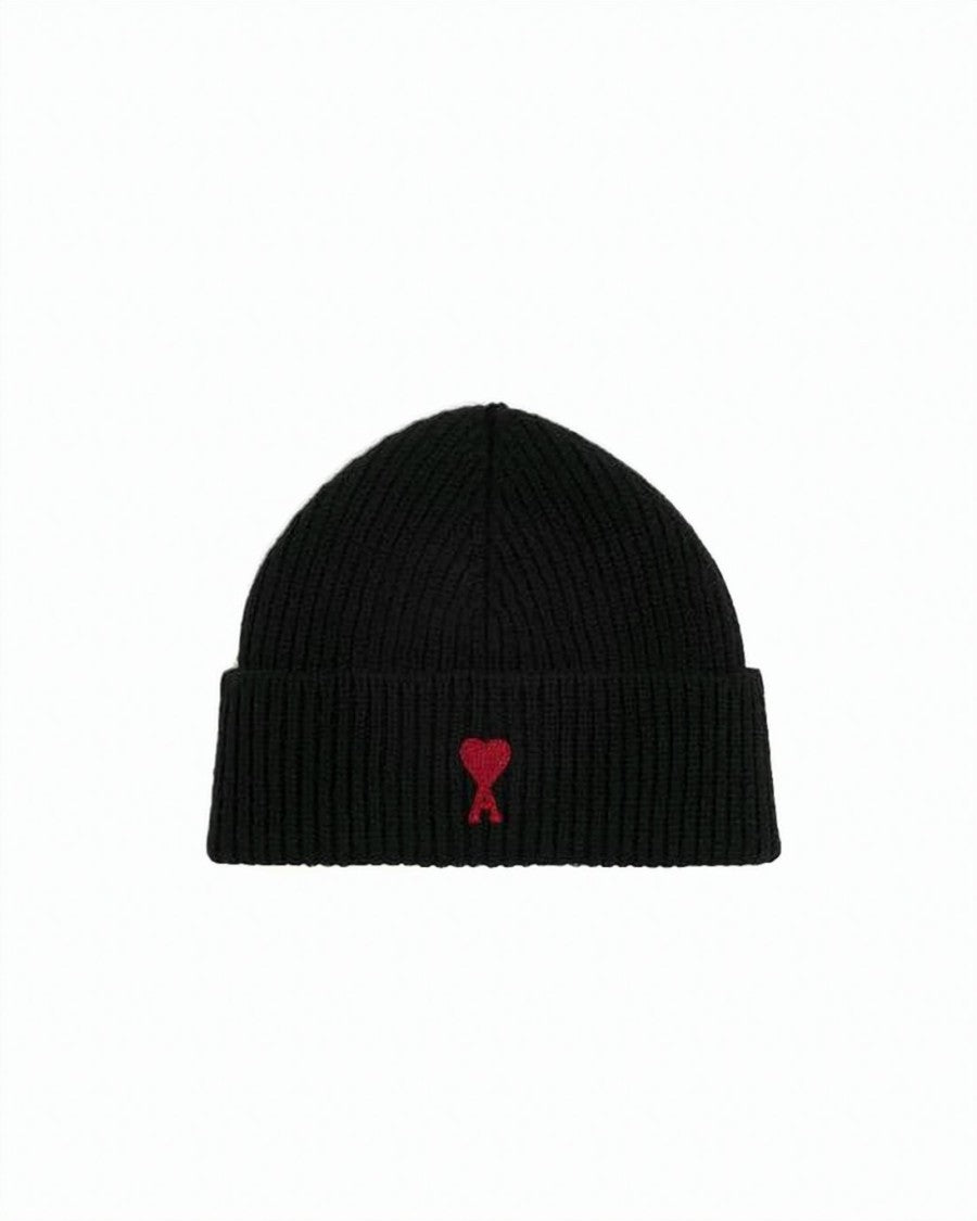 Ami Paris Ribbed Knit Beanie With Embroidered Heart Detail