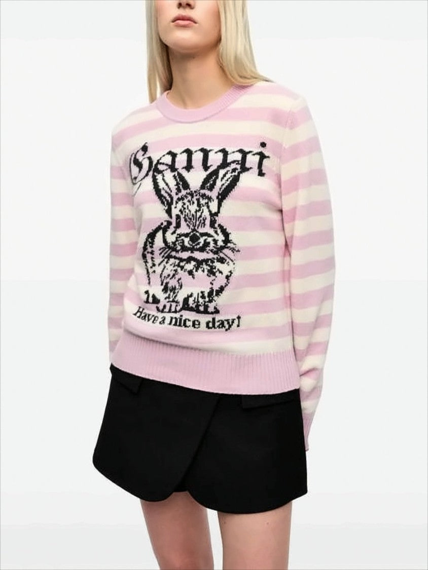 Ganni Playful Pastel Knit Sweater With Bunny Graphic