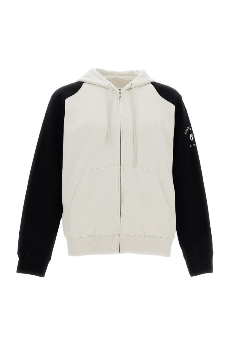 Mm6 By Maison Margiela White Black Cotton Panelled Zip Hoodie