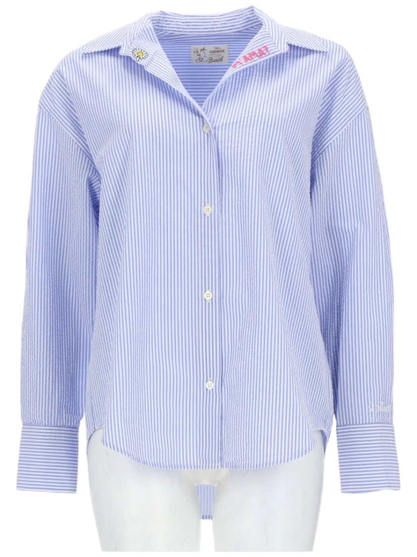 Mc2 Saint Barth Blue Striped Cotton Embroidered Shirt