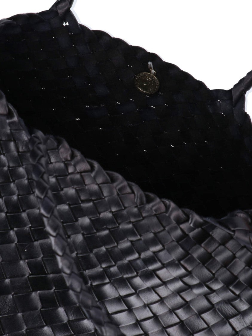 Dragon Diffusion Spacious Black Woven Leather Tote Bag With Braided Handles