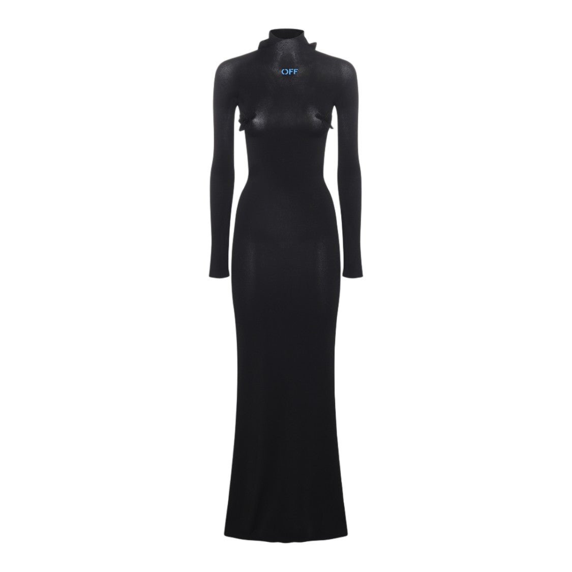 Off-White Form-Fitting Long Black Dress With High Neckline And Subtle Logo Detail