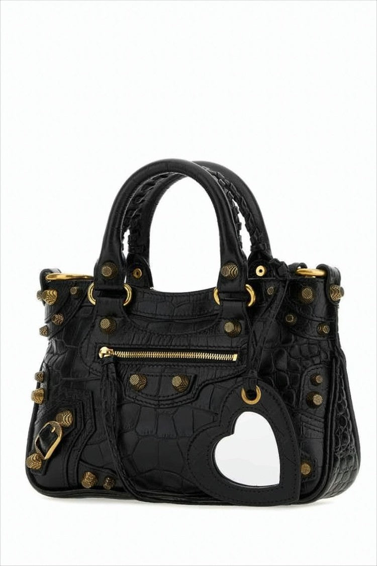 Balenciaga Structured Black Crocodile-Texture Shoulder Bag