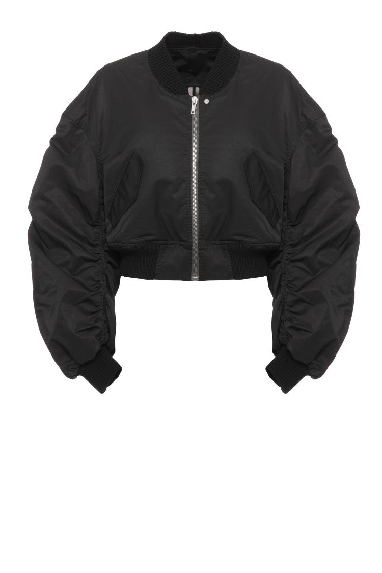 Rick Owens Cropped Ruched Black Bomber Jacket With Structured Silhouette