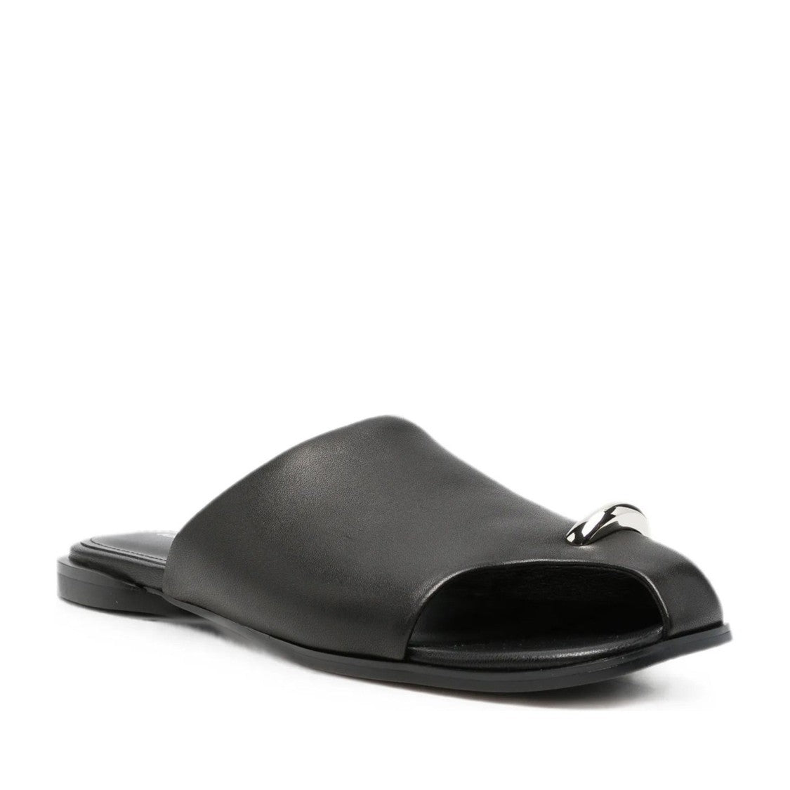 Adrianna Feretti Black Minimalist Silver Accent Leather Slippers