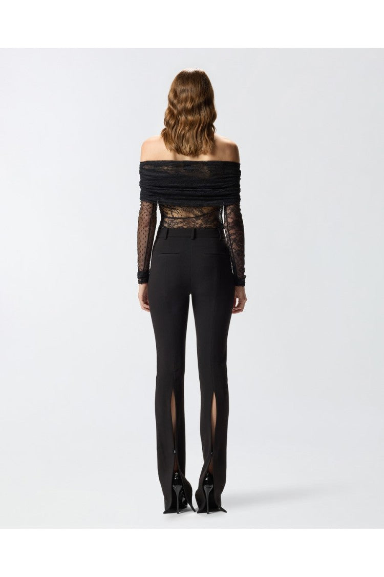 Pinko Black Sheer Draped Off-Shoulder Lace Bodysuit