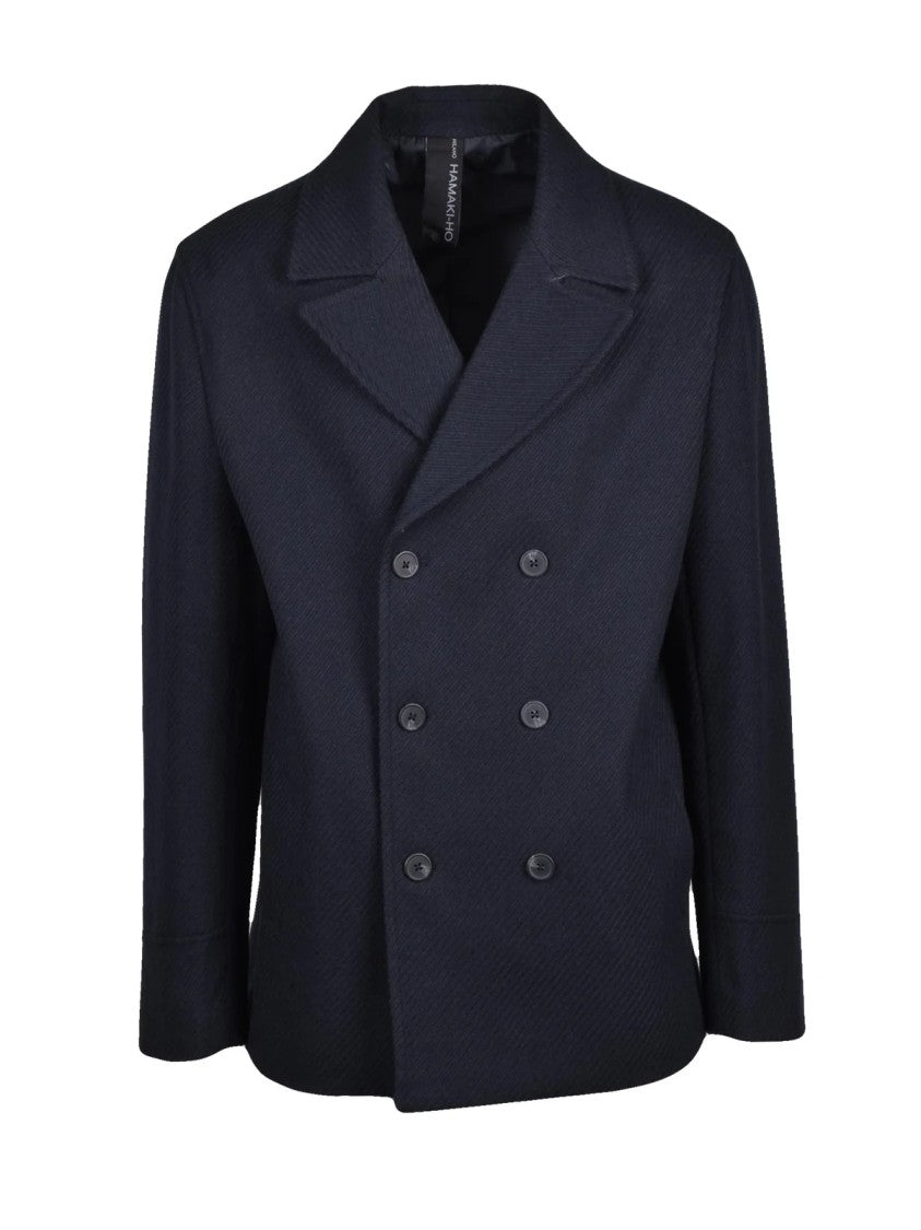 Hamaki-Ho Double-Breasted Navy Peacoat With Textured Fabric Blend