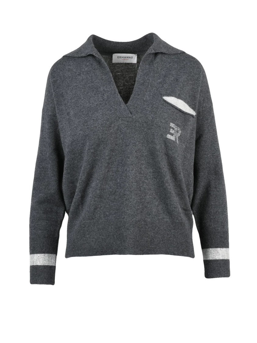 Ermanno Firenze Ermanno Firenze Knit Polo Shirt With V-Neck And Ribbed Cuffs