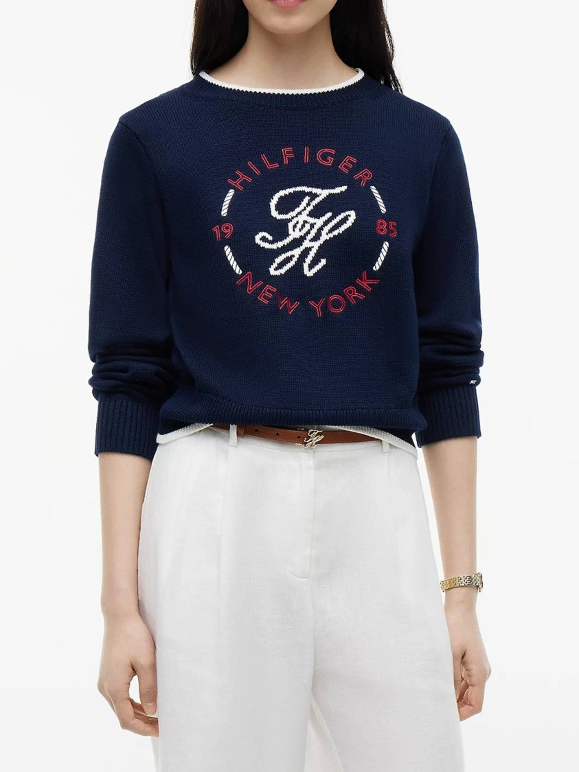 Tommy Hilfiger Navy Blue Knit Embroidered Crewneck Sweater