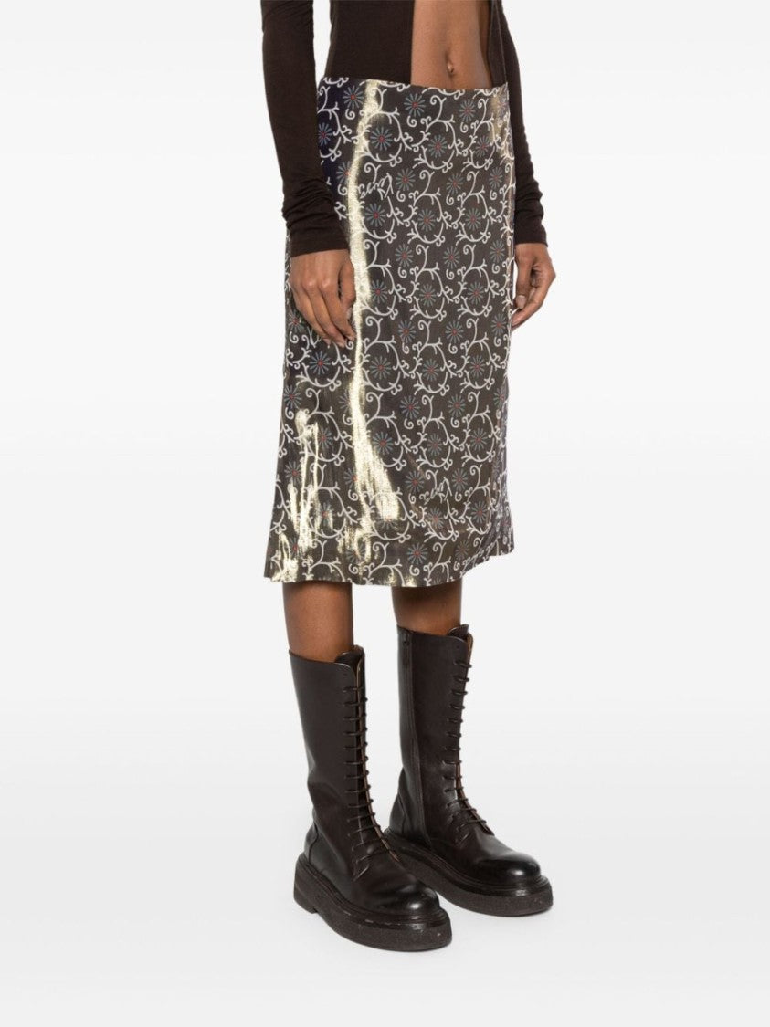 Kenzo Gold-Tone Lamé Floral Print Pencil Skirt