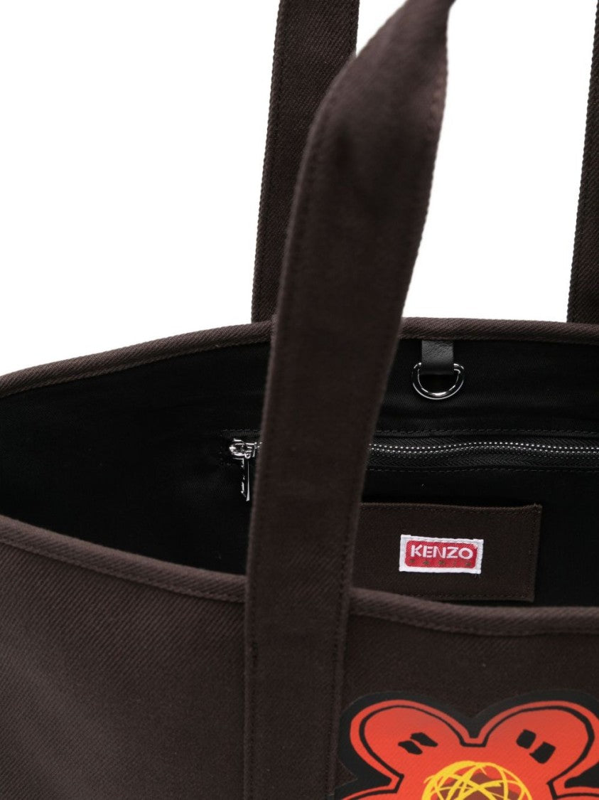 Kenzo Dark Brown Floral Print Canvas Tote