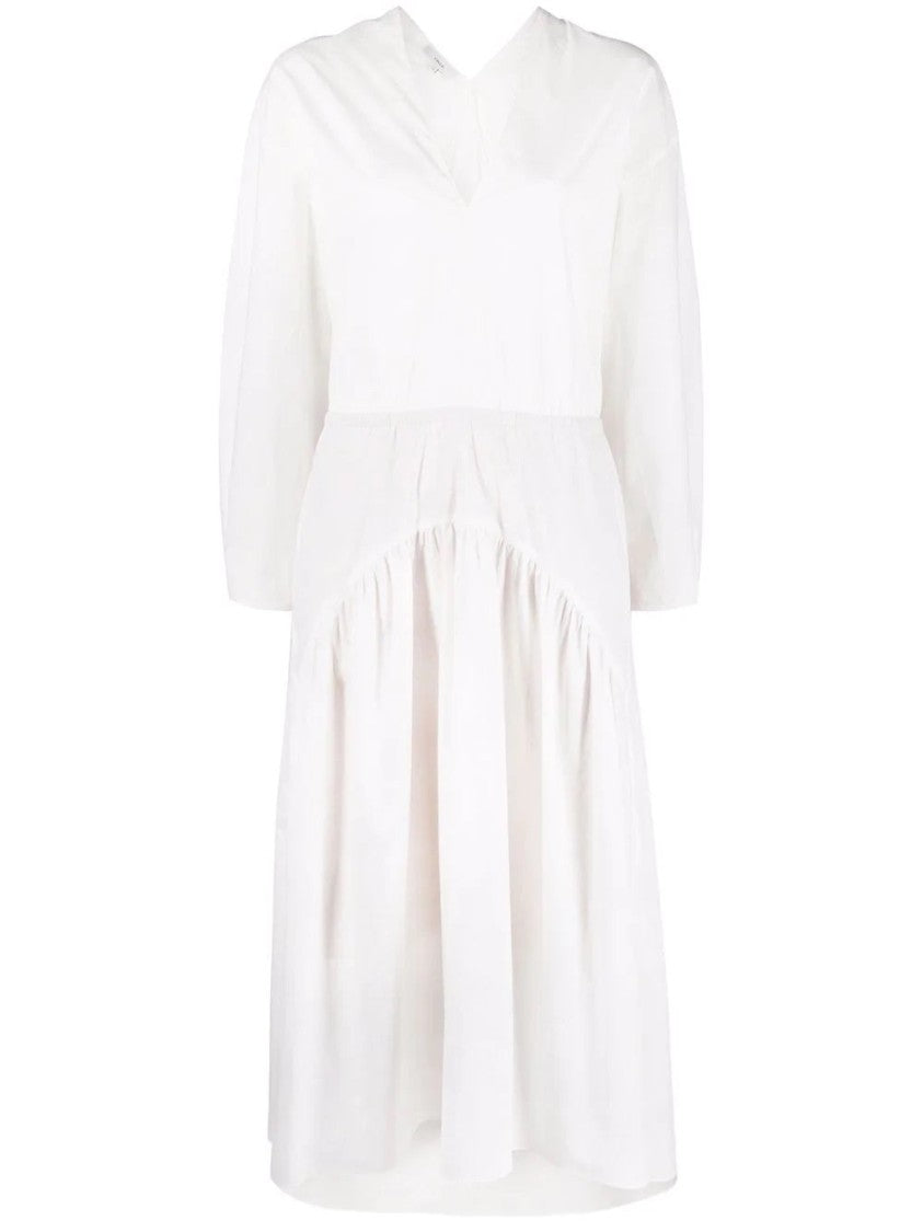 Vince Double V-Neck Midi Dress With Gathered Flared Skirt