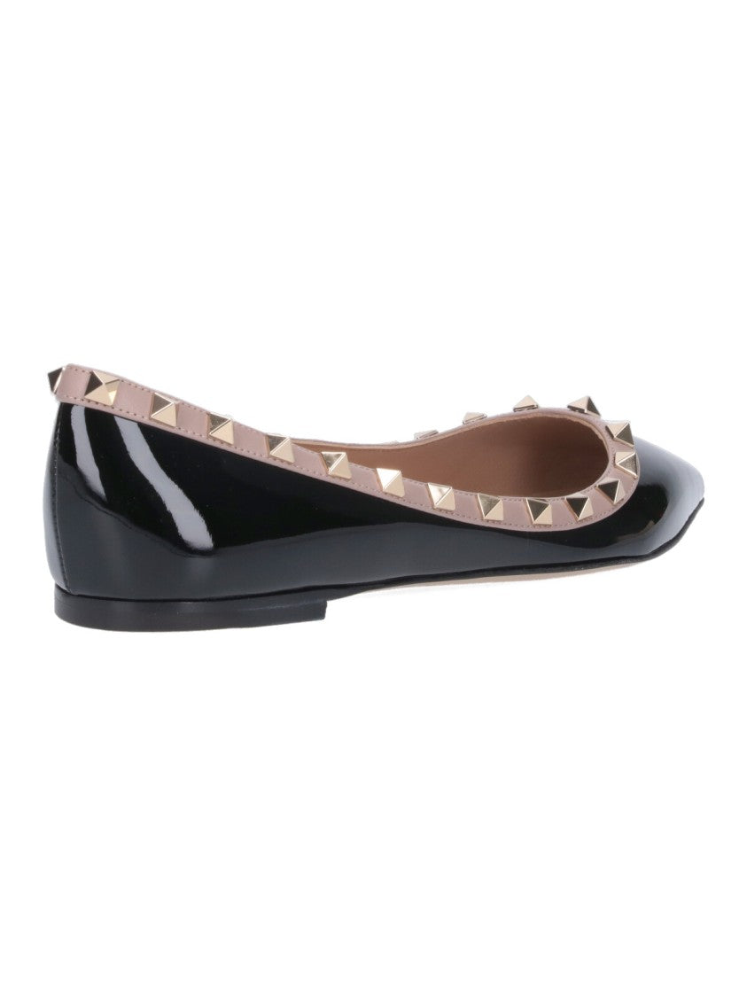 Valentino Garavani Black Rockstud Pink Detail Patent Ballerinas
