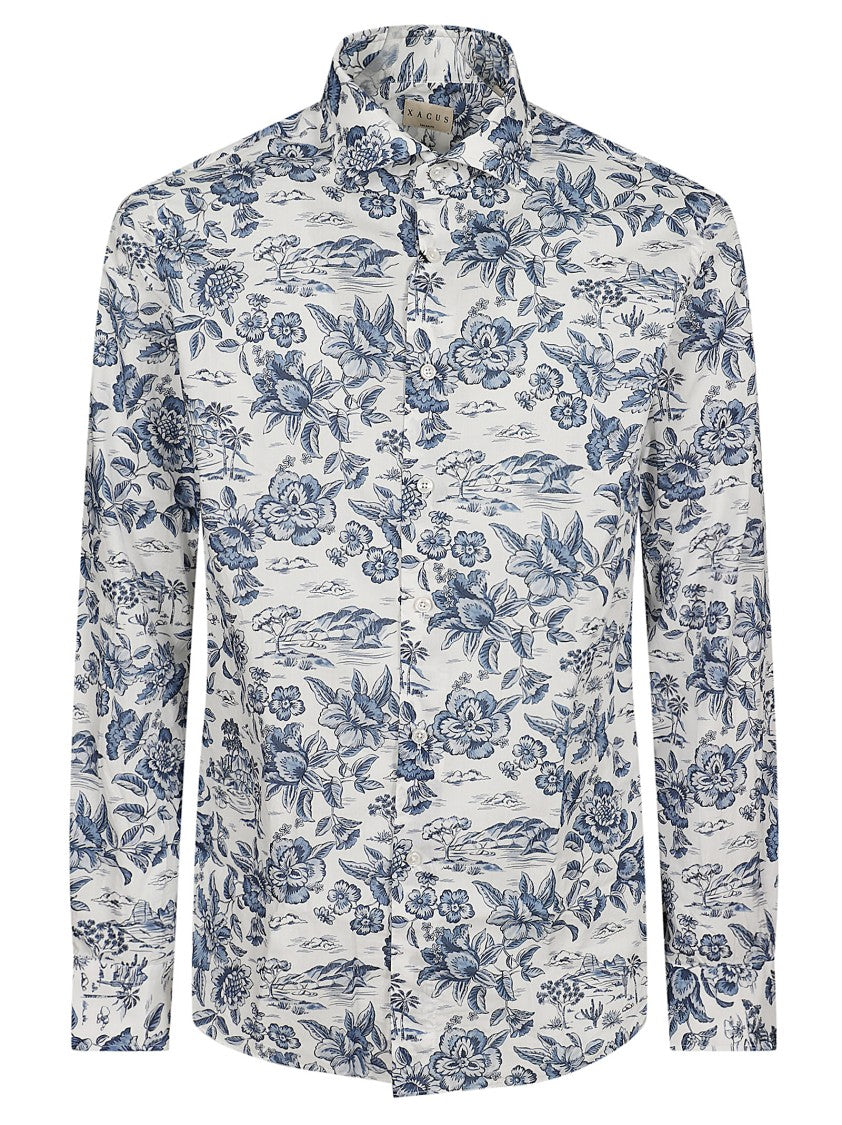 Xacus All-Over Floral Print White Shirt With French Collar