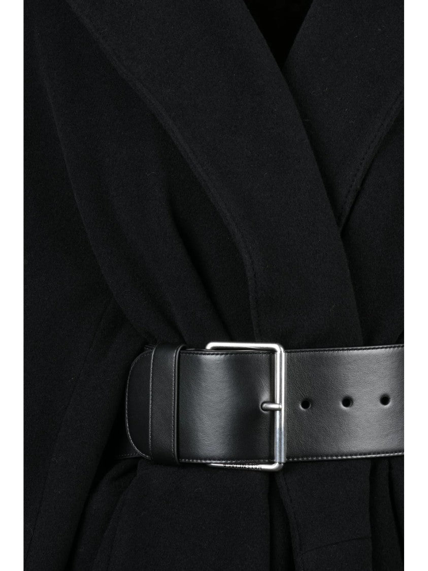 Balenciaga Flared Black Coat With Wide Collar And Belted Cinch