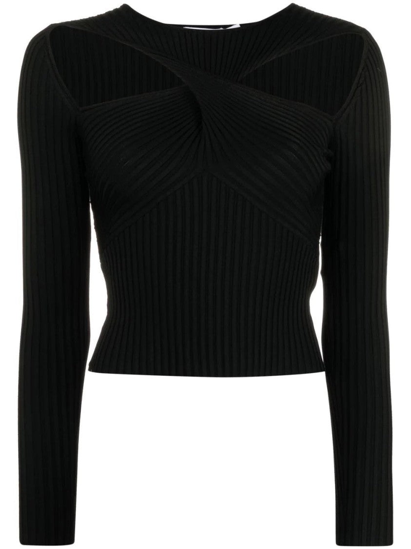 Self-Portrait Black Ribbed Knit Cut-Out Viscose-Blend Blouse