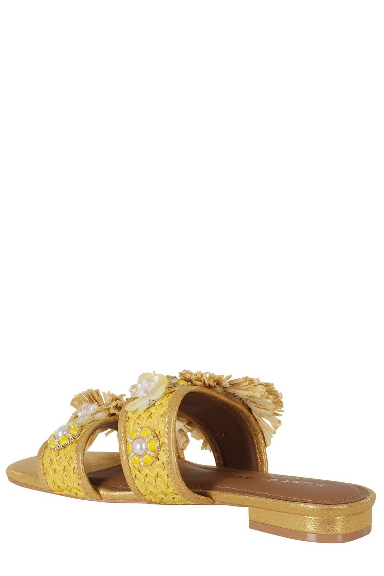 Kurt Geiger Yellow Raffia Floral Appliques Synthetic Flat Sandals