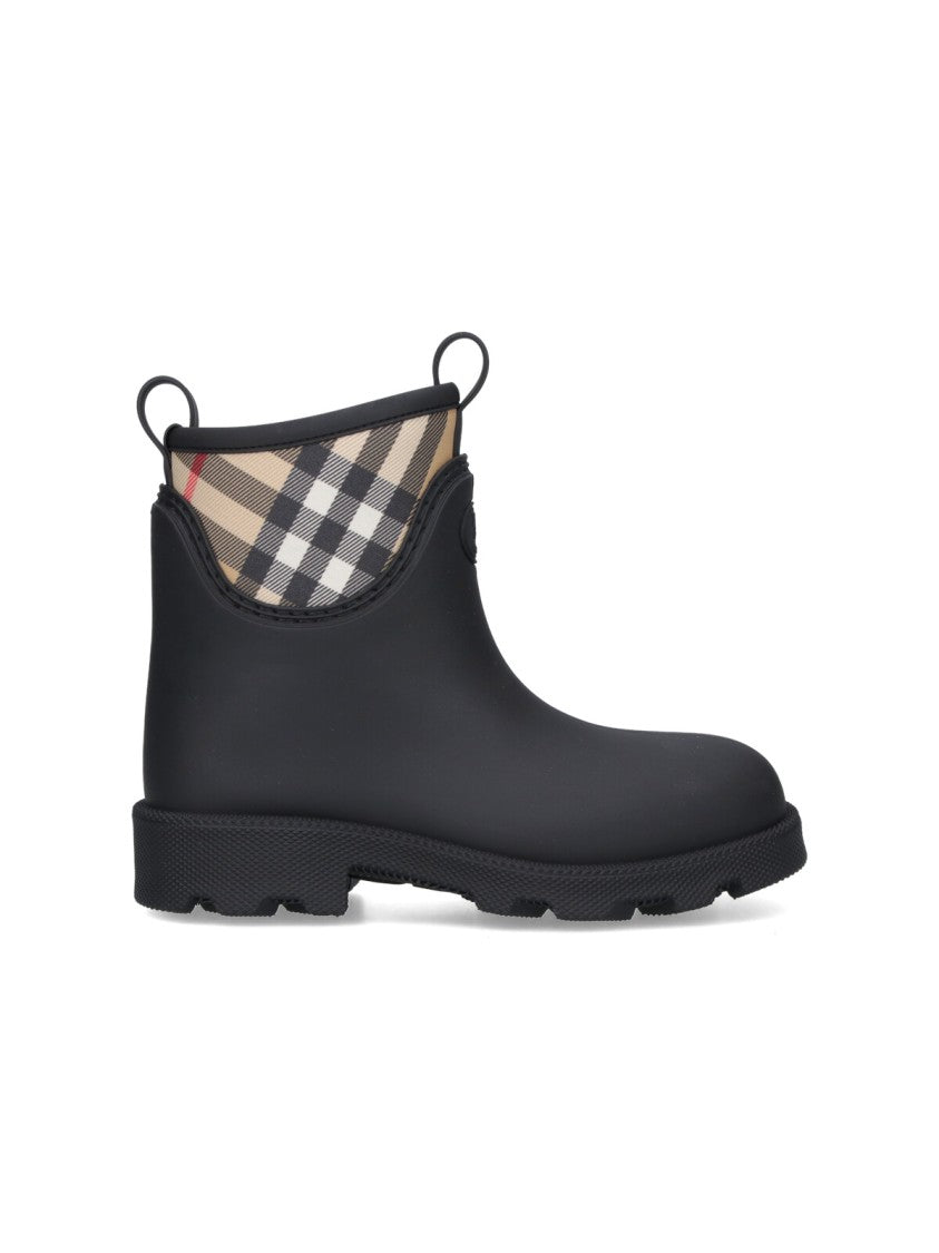 Burberry Black Rubber Ankle Boots With Check Fabric Panel