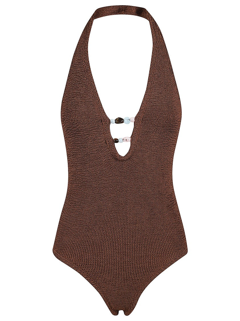 Hunza G One-Piece Halter Swimsuit With Beaded Neckline