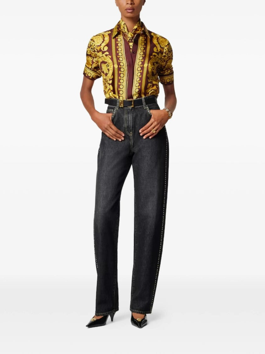 Versace Dark Washed Wide-Leg Studded Denim Jeans