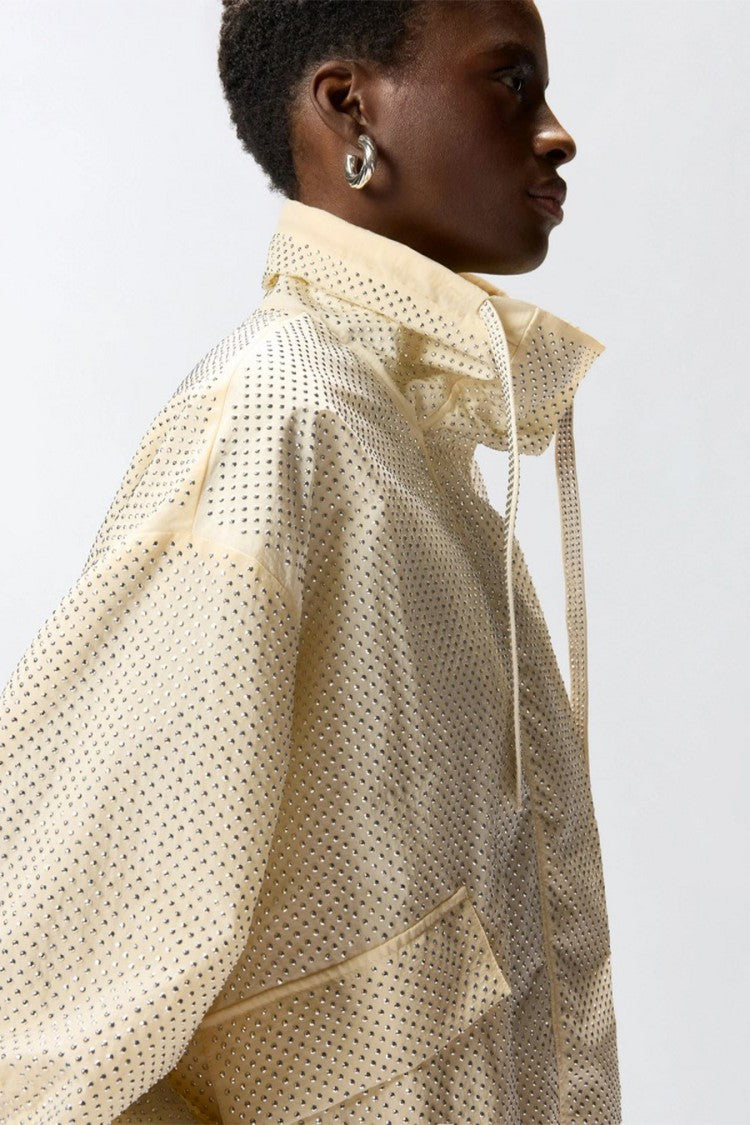Pinko White Perforated Rhinestone Funnel Neck Nylon Jacket