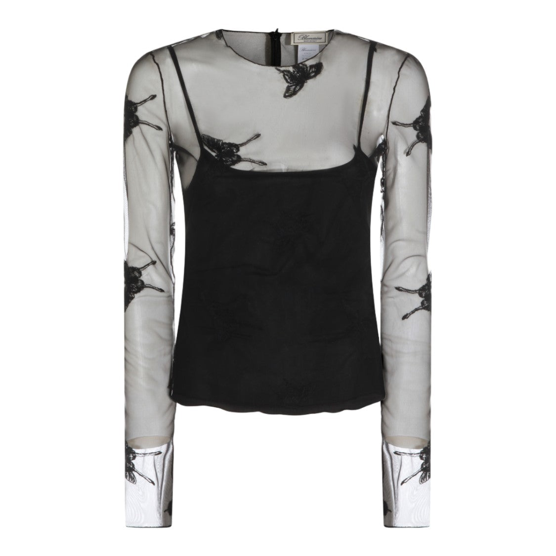 Blumarine Sheer Long-Sleeve Top With Butterfly Embroidery And Camisole Layer