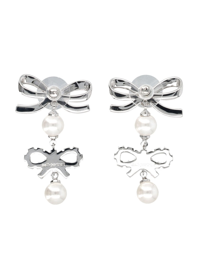 Self-Portrait Double Bow Crystal Pearl Drop Earrings