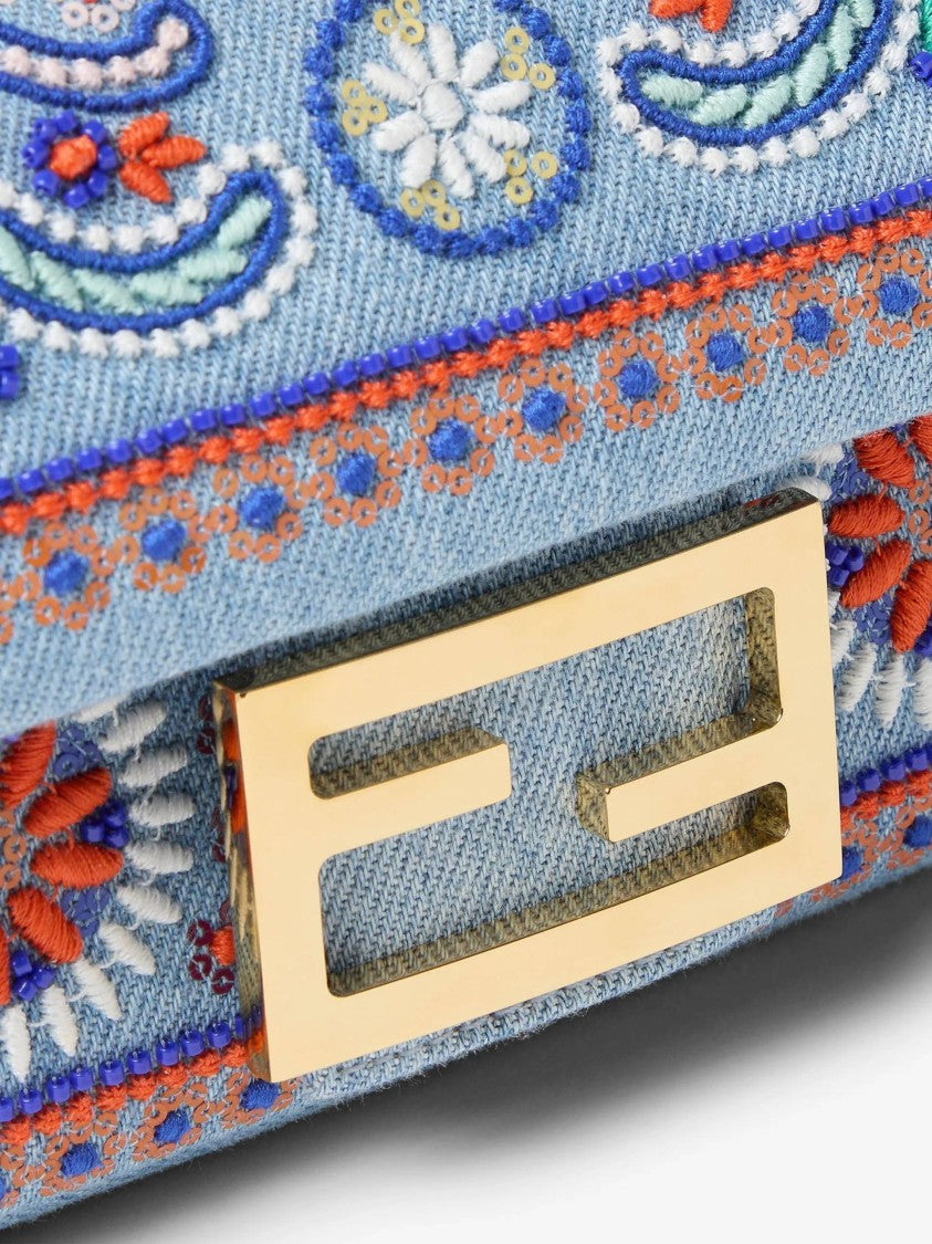 Fendi Rectangular Denim Mini Baguette With Floral Embroidery And Gold-Tone Clasp