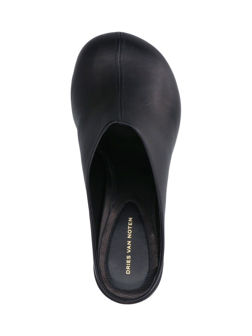 Dries Van Noten Black Rounded Toe Slip-On Leather Mules