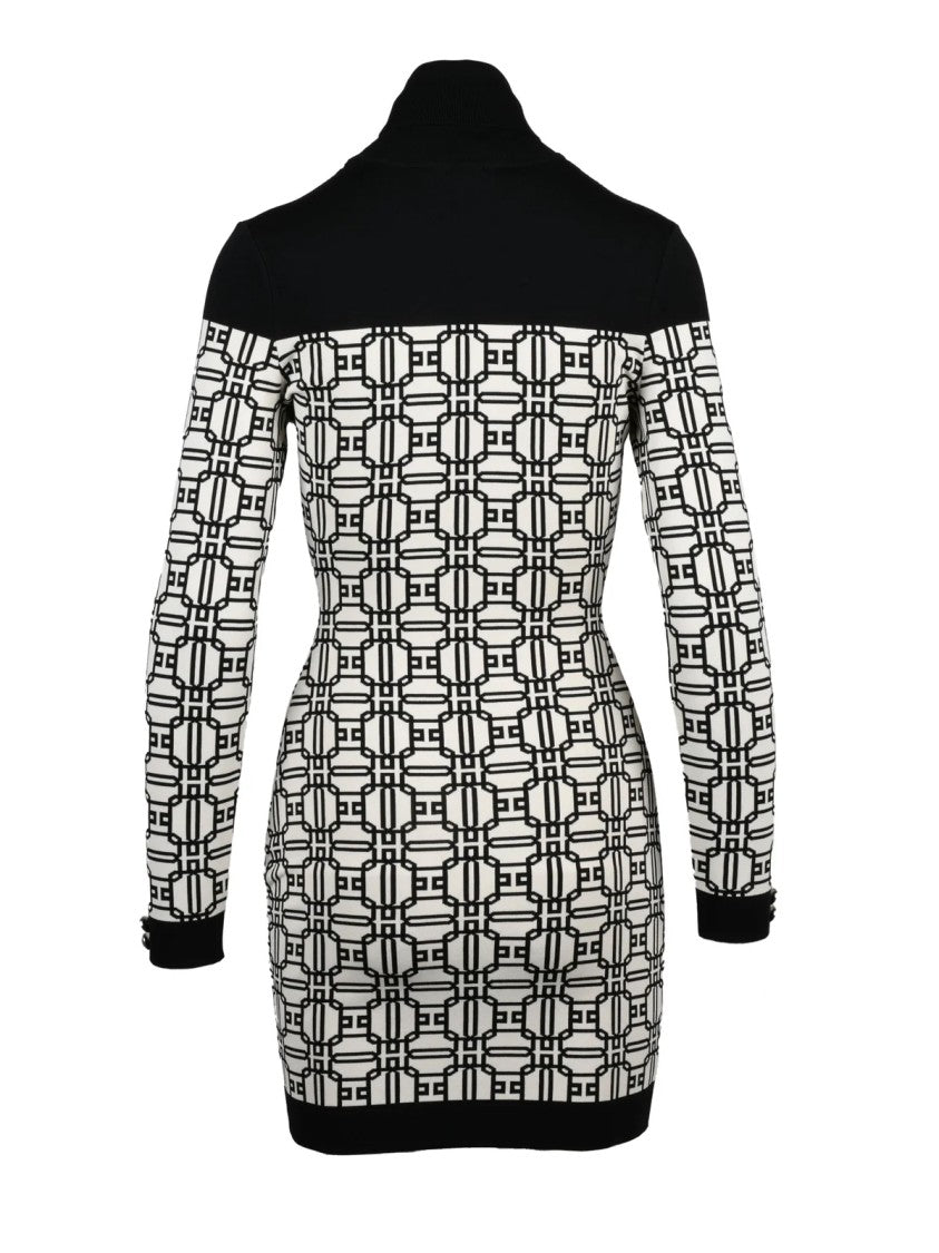 Elisabetta Franchi Black/White Geometric Viscose-Blend Knit Dress