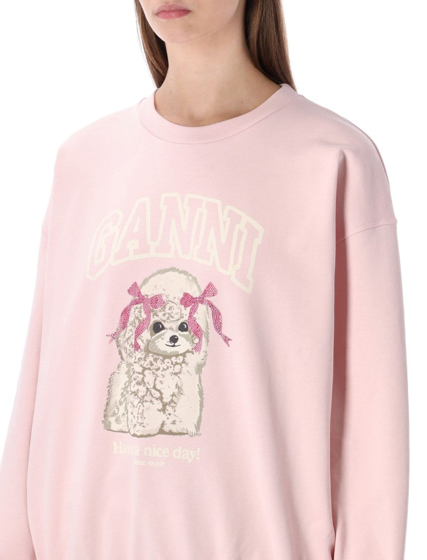 Ganni Playful Poodle Graphic Sweatshirt With Ribbed Trims