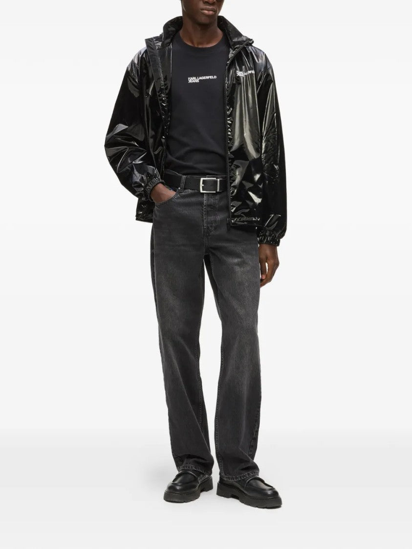Karl Lagerfeld Glossy Black Finish Casual Jacket With Adjustable Hood