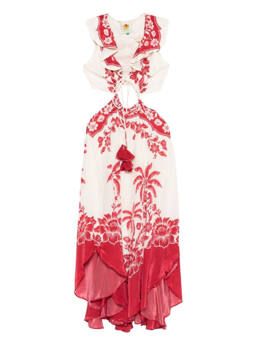 Farm Rio Red Botanical Motif Viscose Midi Dress