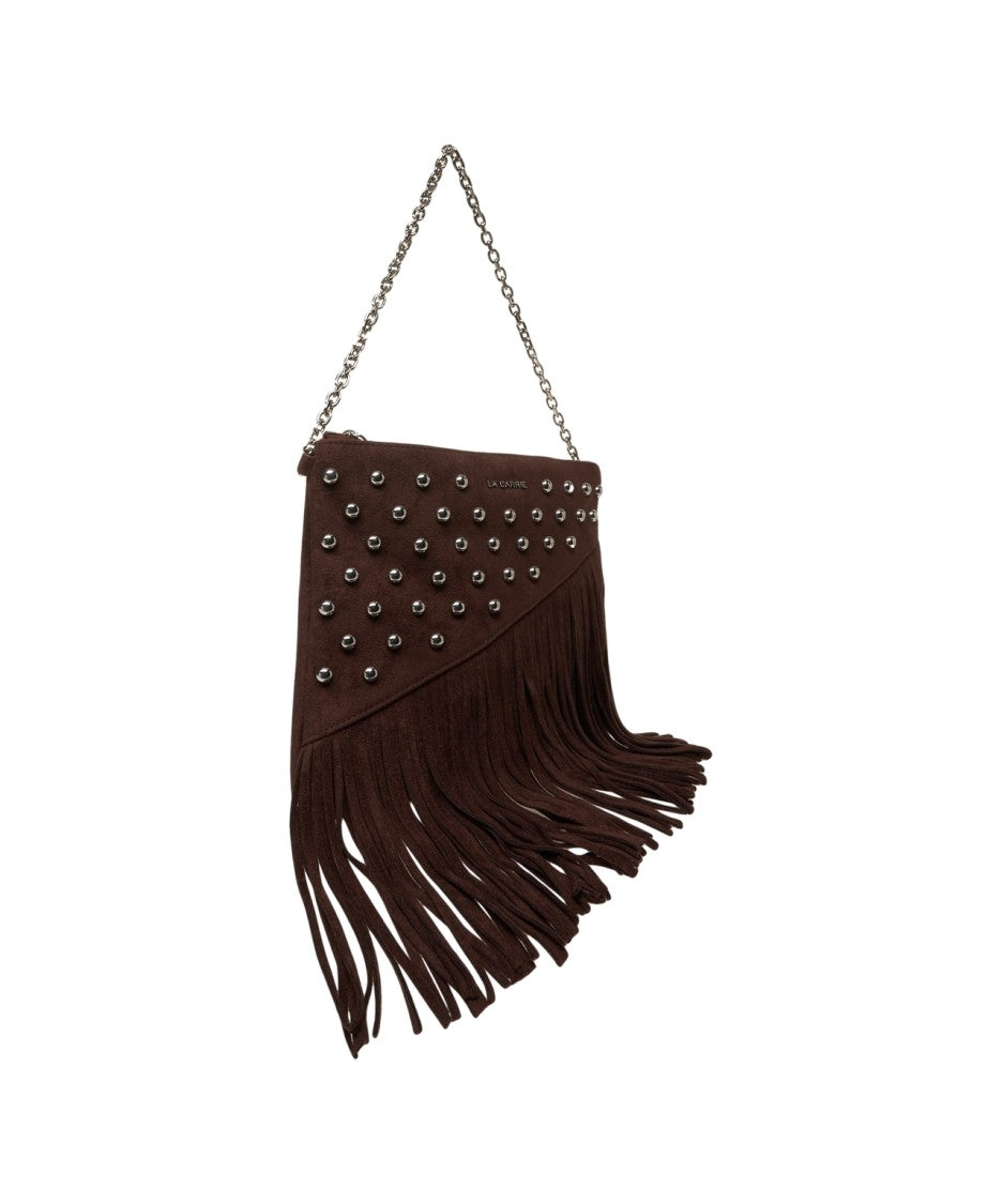 La Carrie Rectangular Brown Suede-Like Shoulder Bag With Fringe Detail