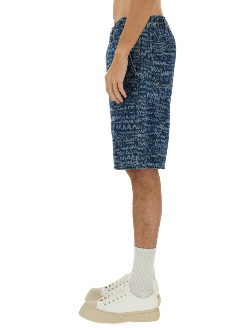 Marni Denim Shorts With Abstract Pattern