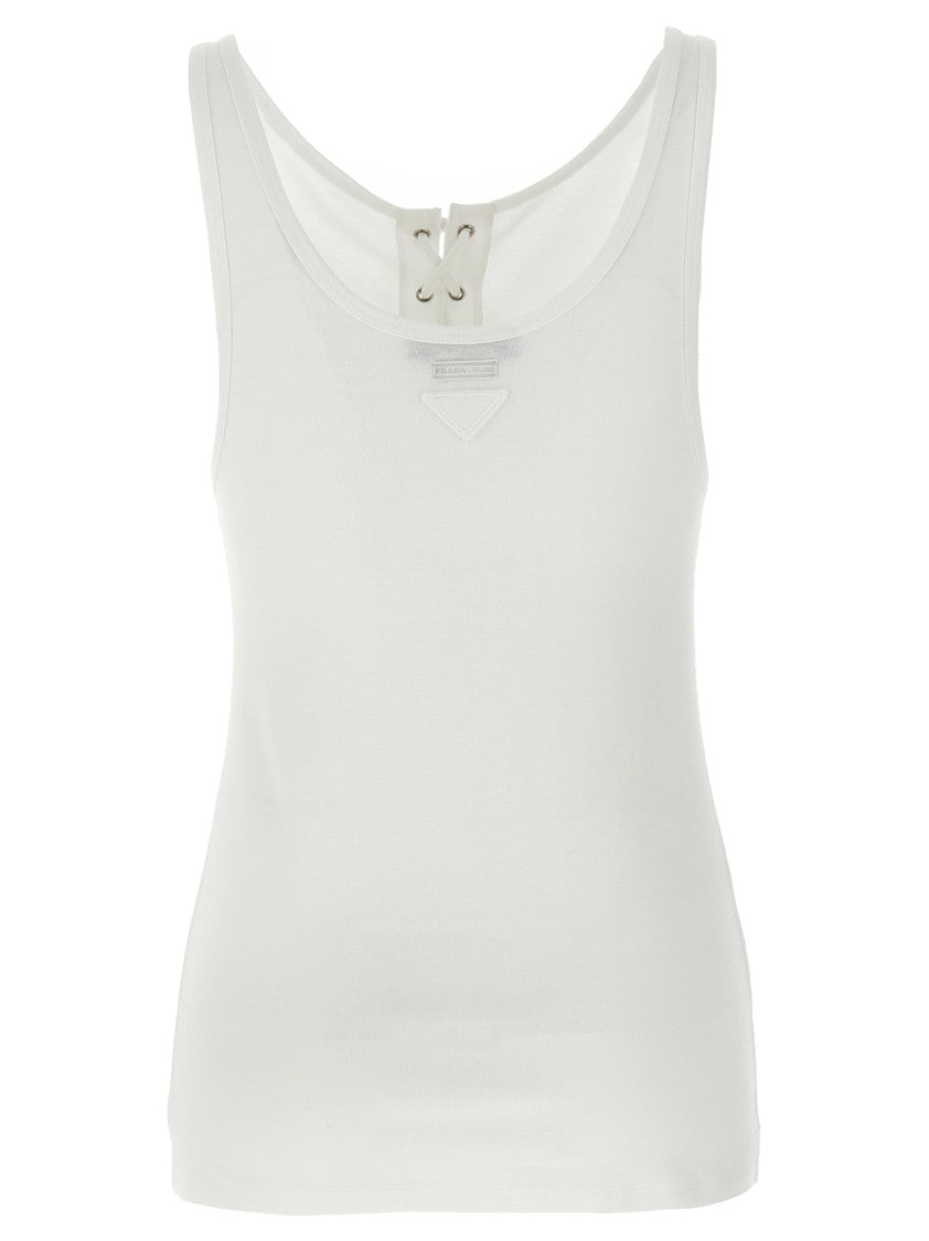 Prada Ribbed Cotton Tank Top With Asymmetric Neckline And Lace Detail