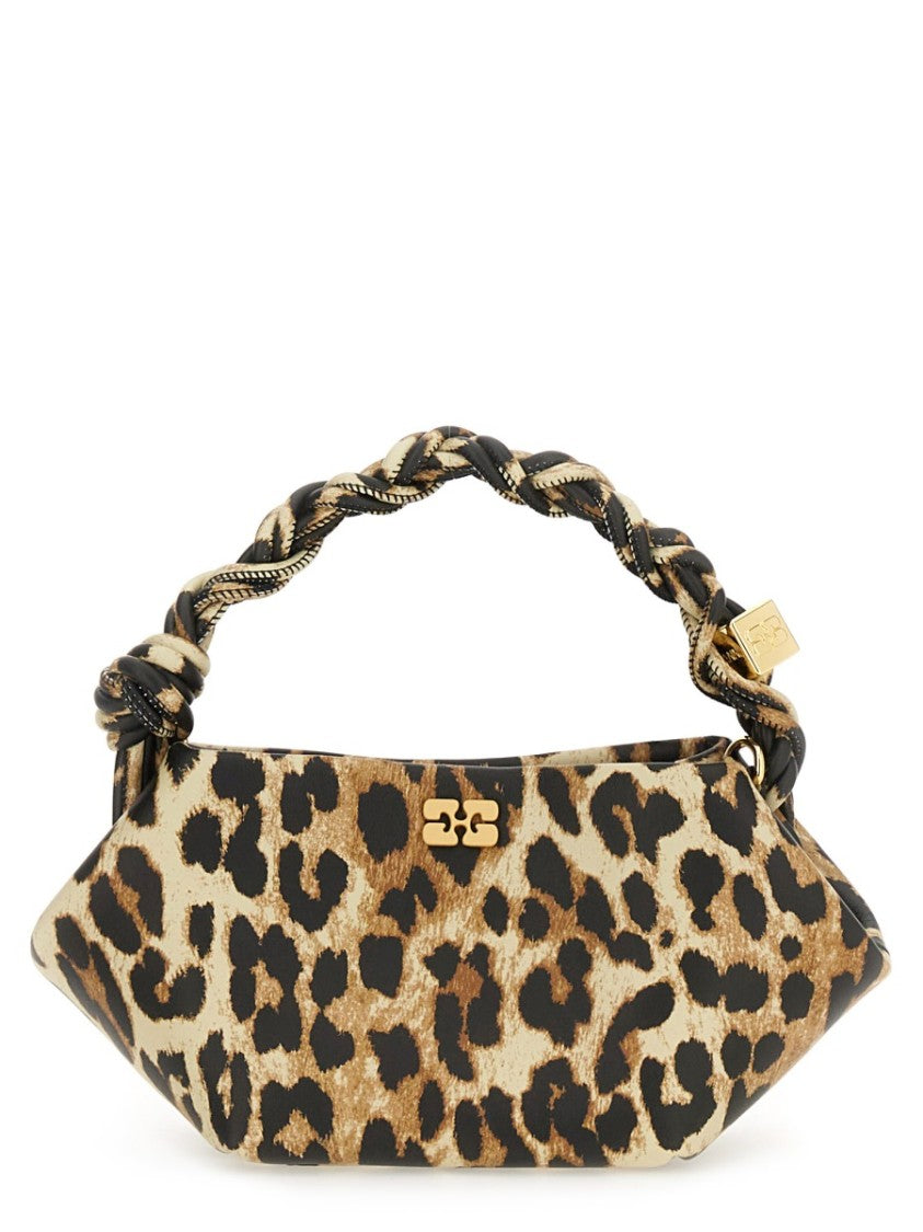 Ganni Leopard Print Mini Bou Bag With Braided Handle