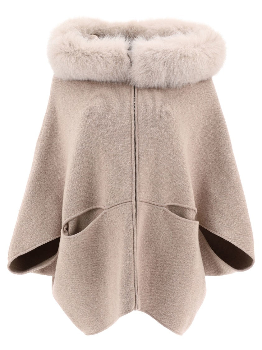 Giovi Beige Wool And Cashmere Cape With Fur Collar