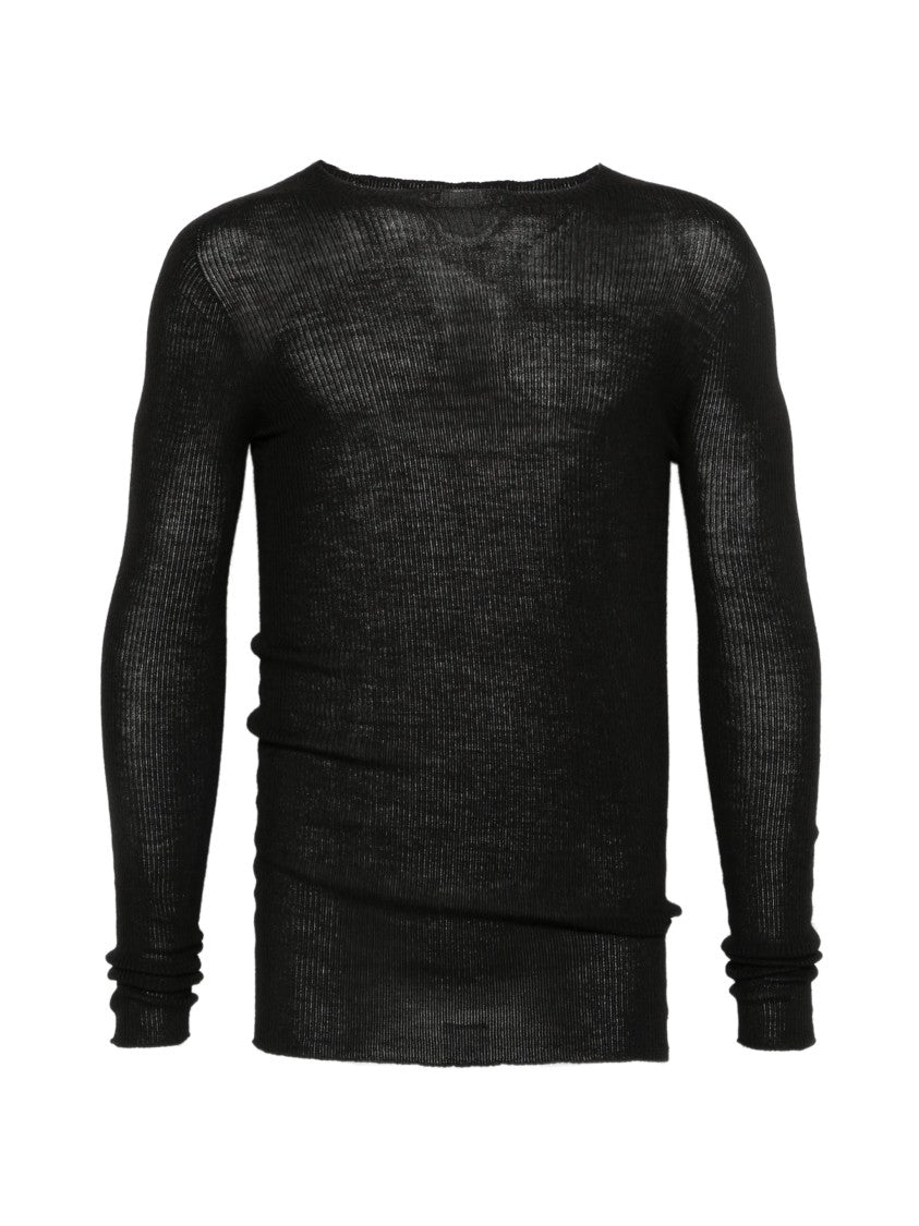 Rick Owens Fitted Black Ribbed Knit Sweater With Round Neckline
