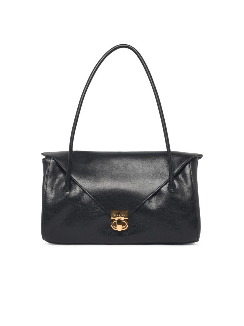 Marni Rectangular Black Calfskin Shoulder Bag With Gold-Tone Closure