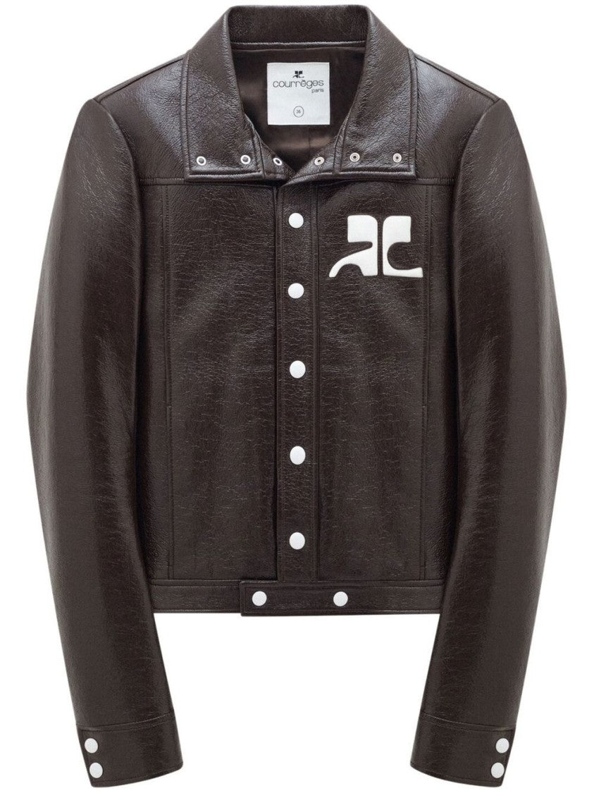 Courrèges Brown Faux Leather Logo Patch Jacket