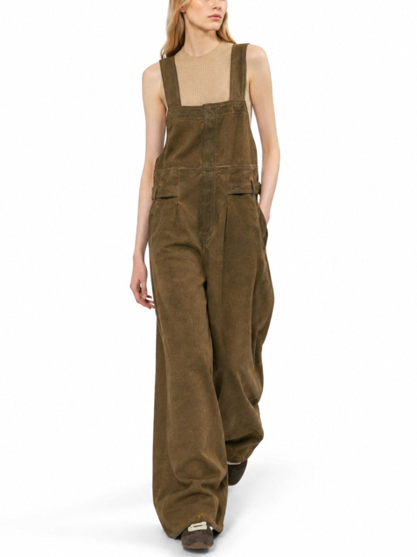 Uma Wang Wide Fit Brown Cotton Dungarees With Adjustable Straps And Textured Finish
