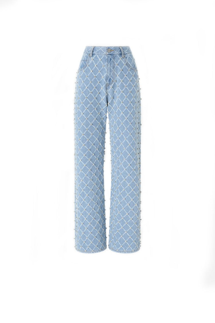 Pinko Blue Wanda Diamond-Lattice Crystal Cotton Wide-Leg Jeans