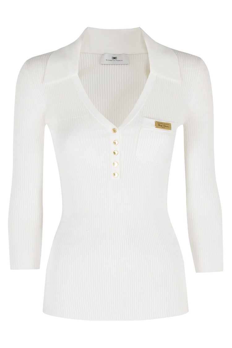 Elisabetta Franchi Ivory Tricot Polo V-Neck Lyocell-Blend Polo Shirt
