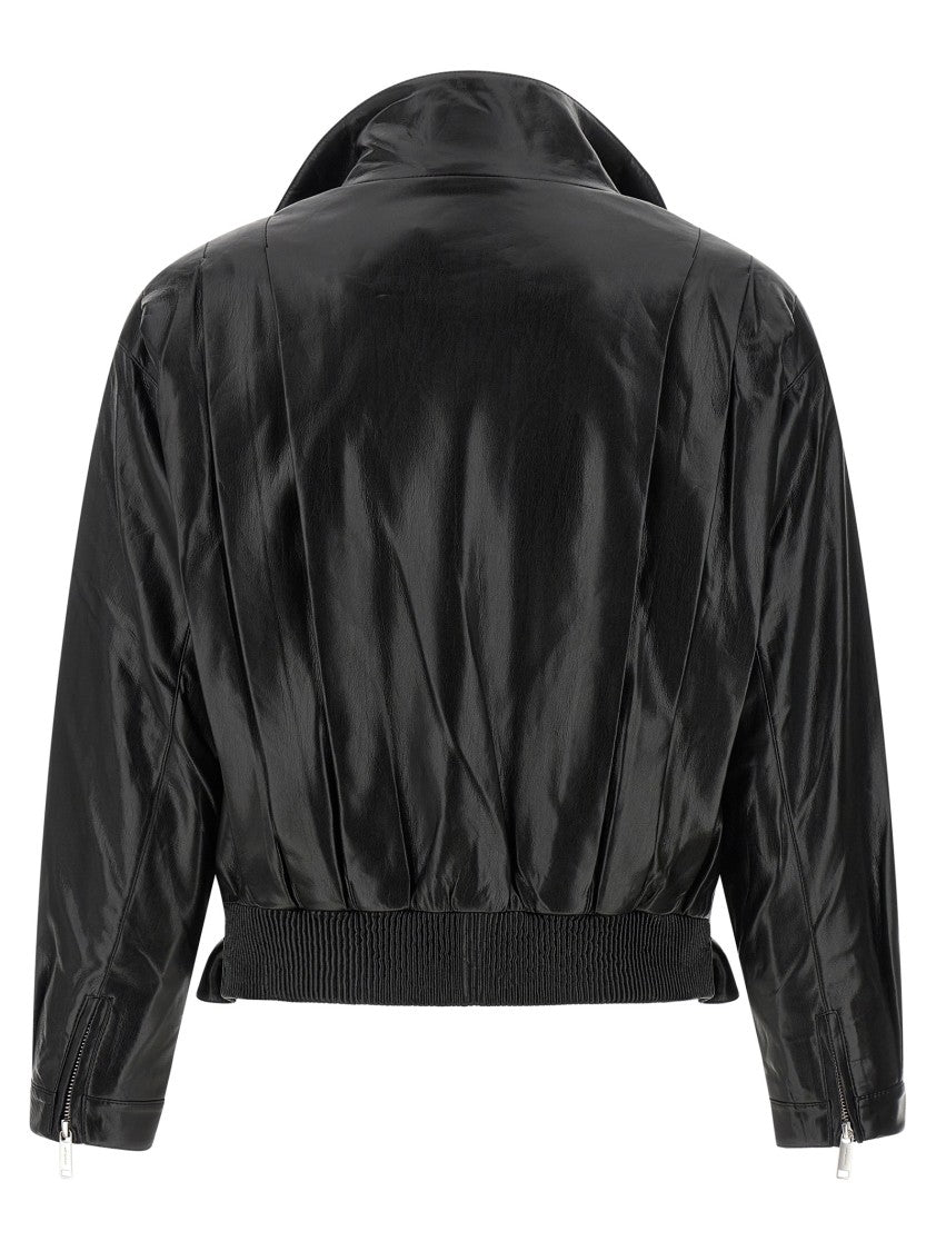 Self-Portrait Shiny Black Biker Jacket With Pleated Detailing And Asymmetric Zip Closure