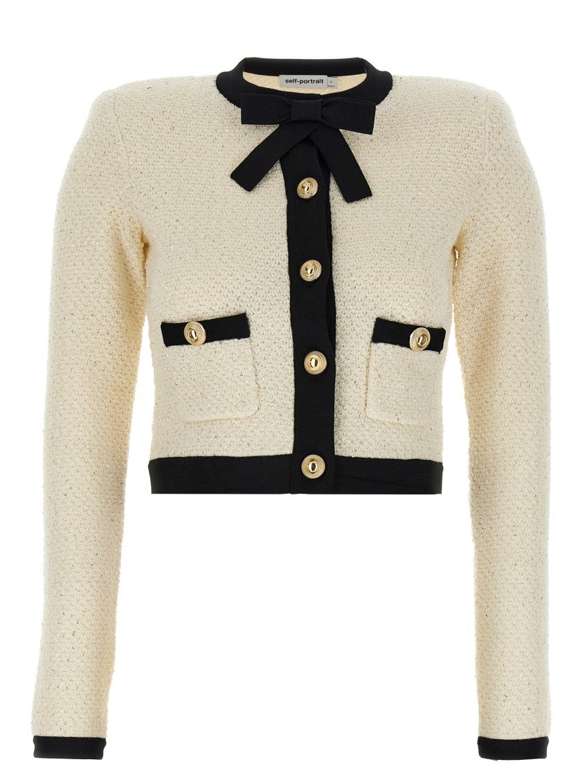 Self-Portrait 'Cream Sequin Pussy Bow' Cardigan