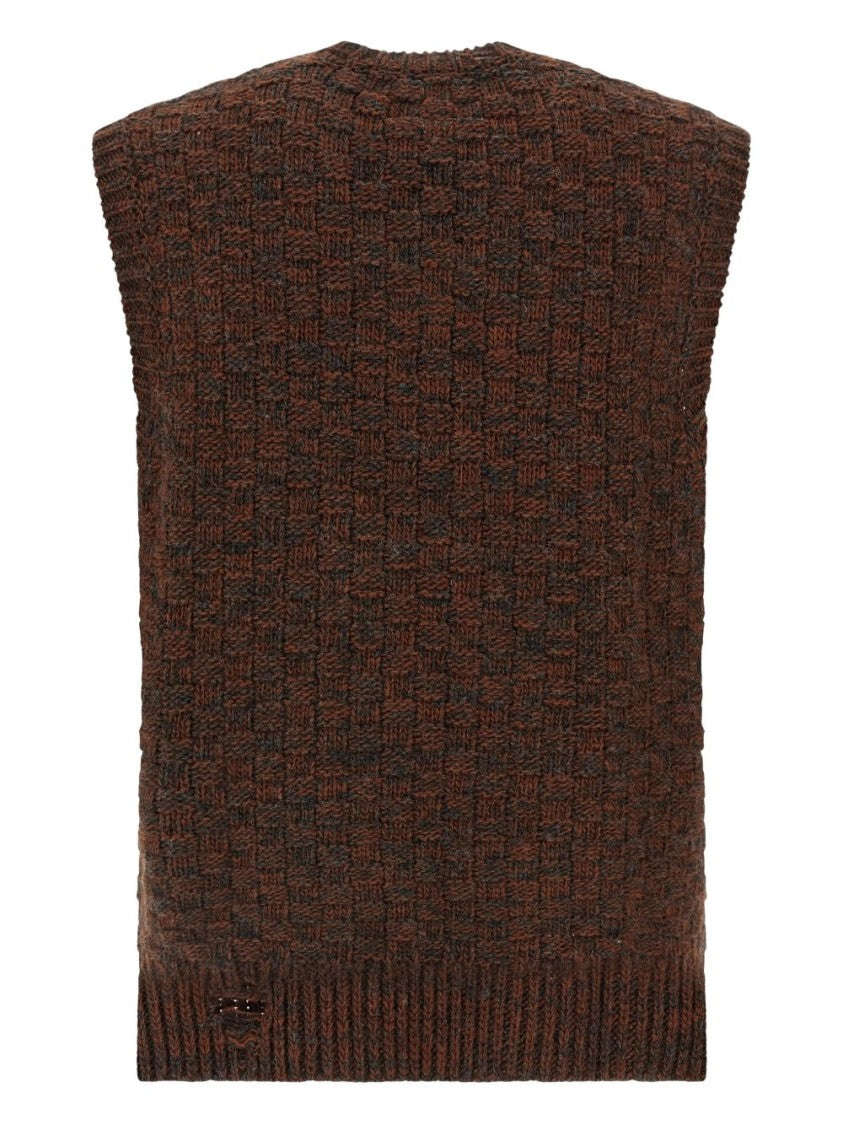 Mm6 By Maison Margiela Textured Brown Knit Gilet With Checkerboard Pattern